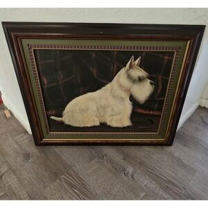 Vintage Scottish Terrier Dog Painting Framed Wall Art Plaid Decor